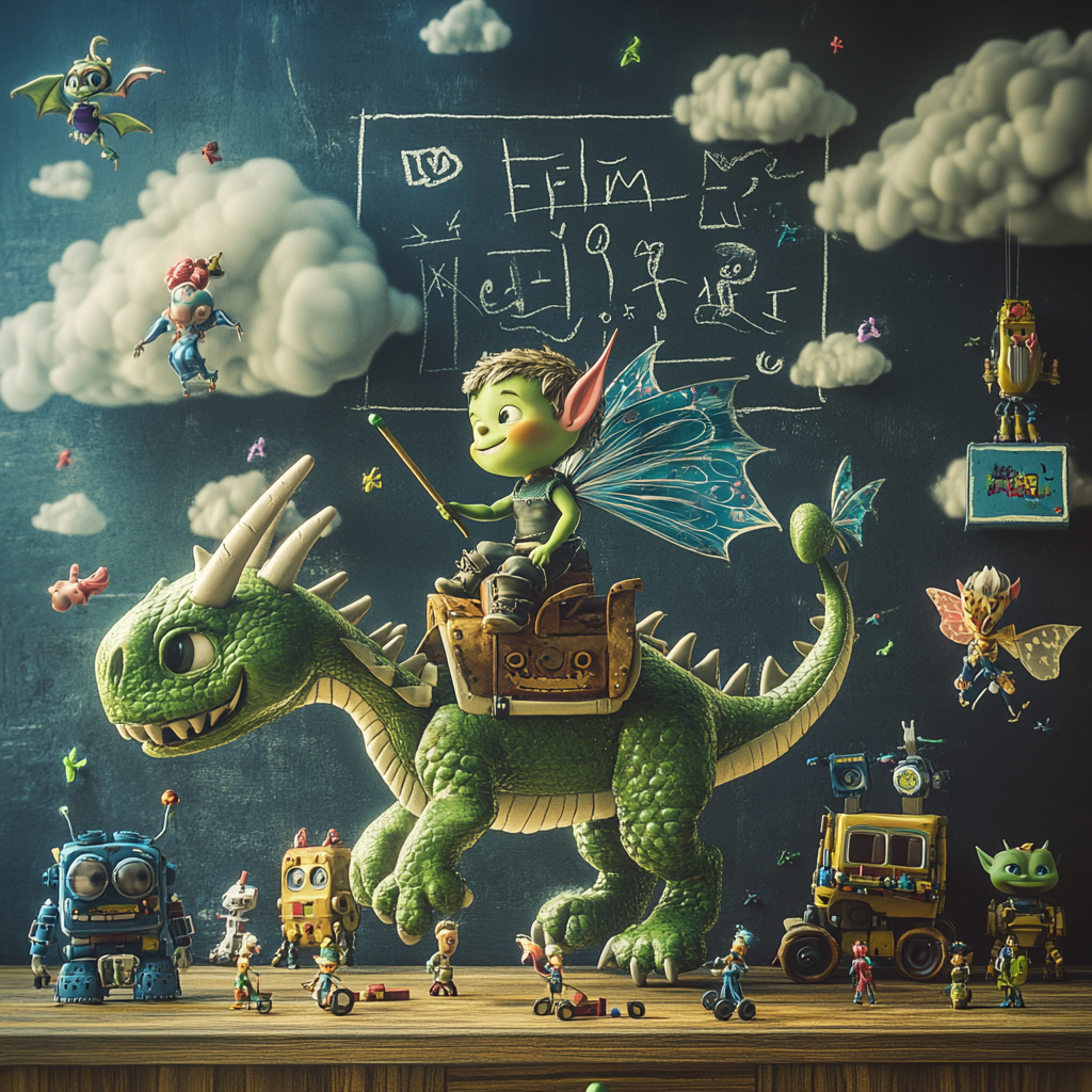 Green Orc Child Riding Dragon with Fairies and Robots on Blackboard Background 