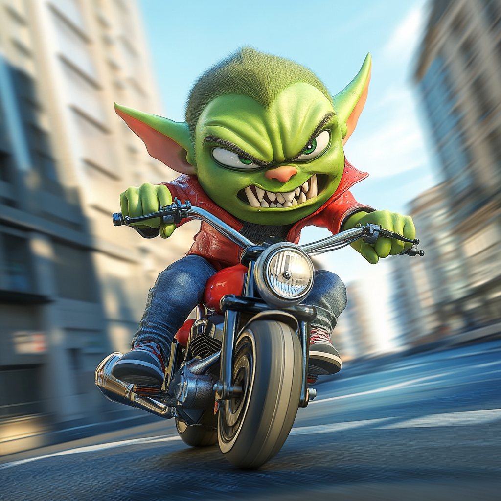 Green Orc Child Riding Motorbike in City, Pixar 3D Render