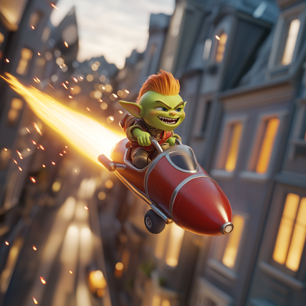 Green Orc Child Riding Rocket in City, 3D Pixar Funny Scene 