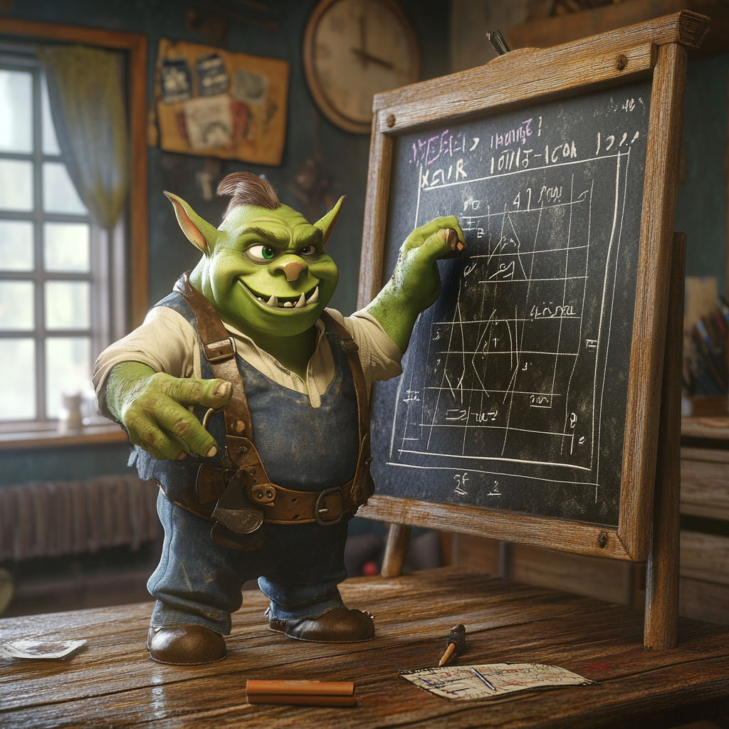 Green Orc Child Teacher Calculating on Blackboard 3D Render