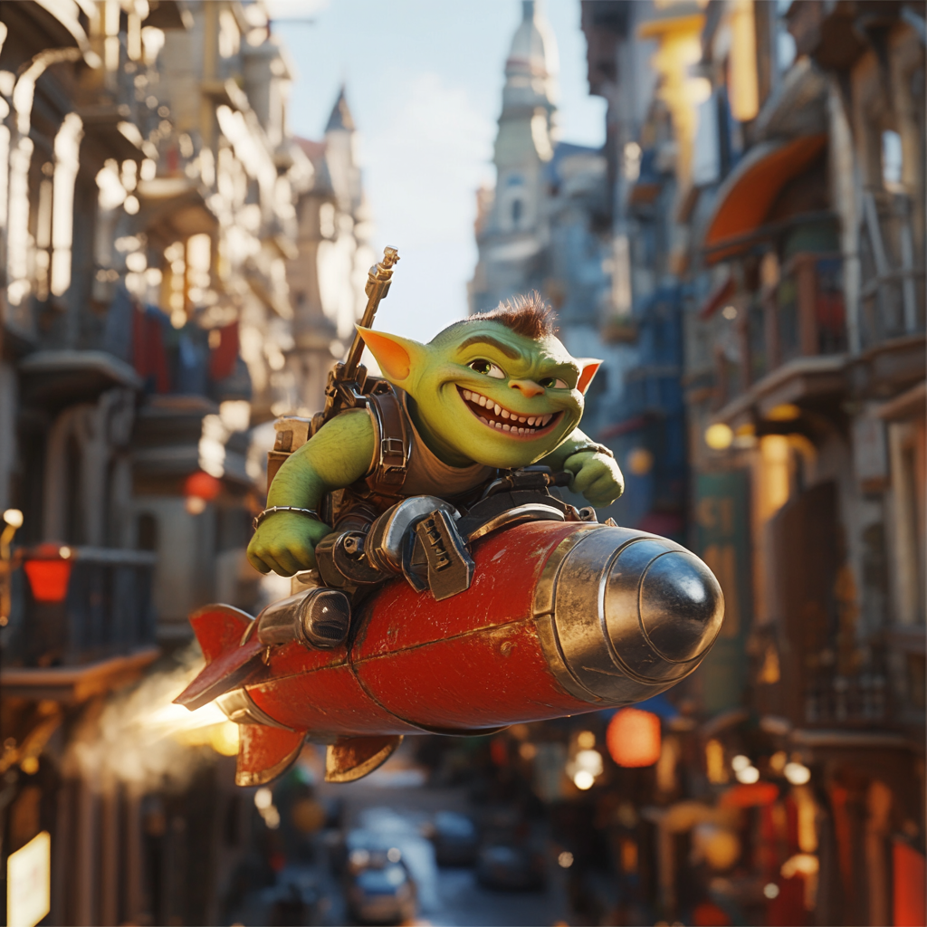 Green Orc Child on Delivery Rocket 3D Render