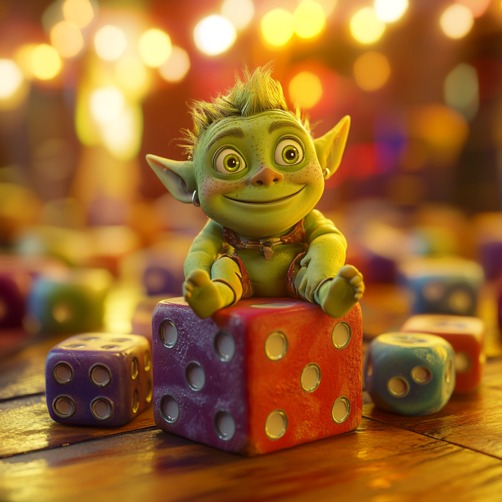 Green Orc Child on Large Dice in Fun Pixar 3D Environment