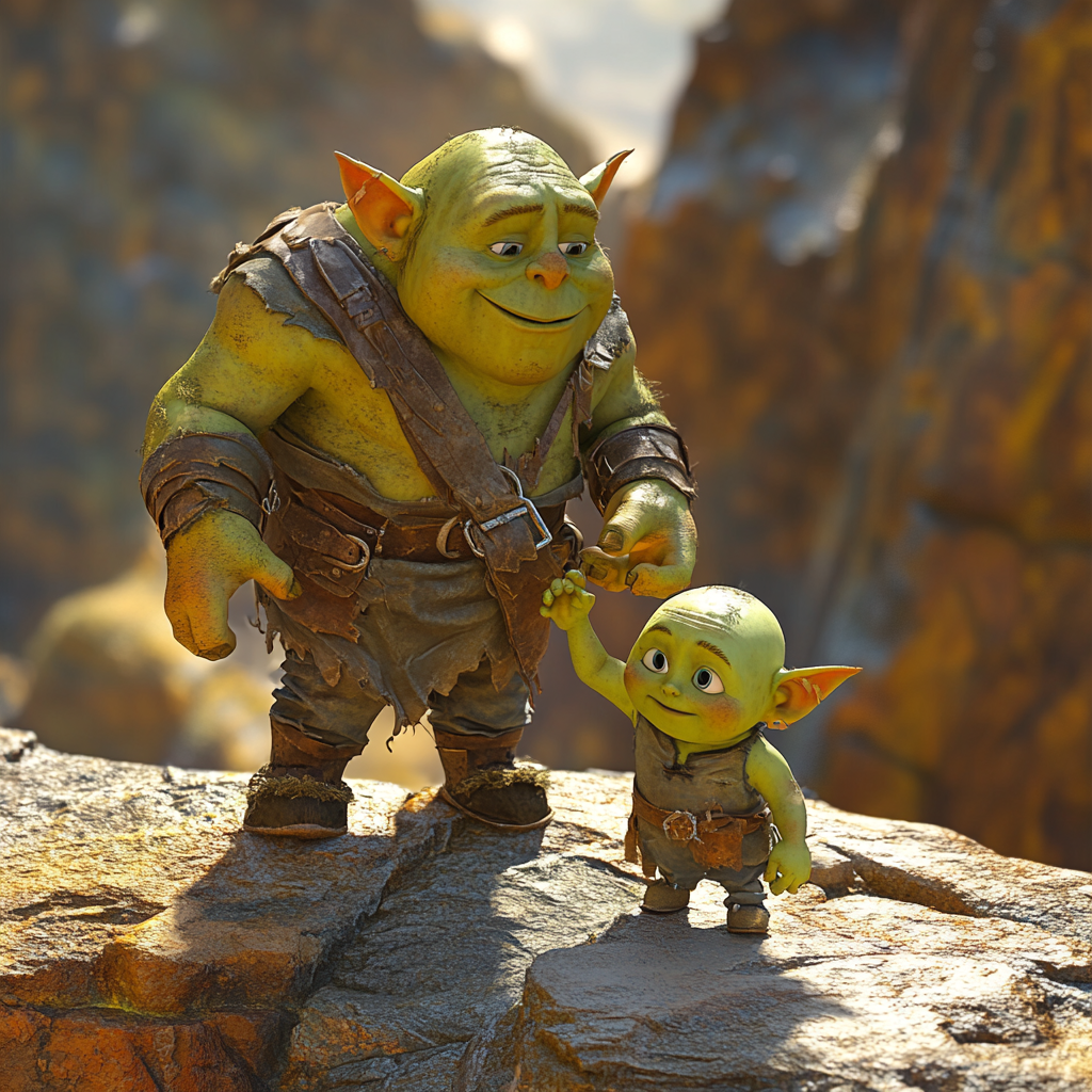 Green Orc Children Helping on Abyss Edge, Pixar 3D Render 