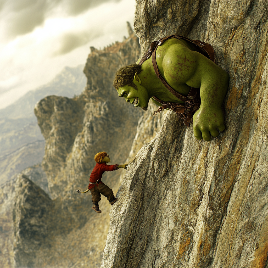 Green Orc Saves Clumsy Human on Cliff Edge