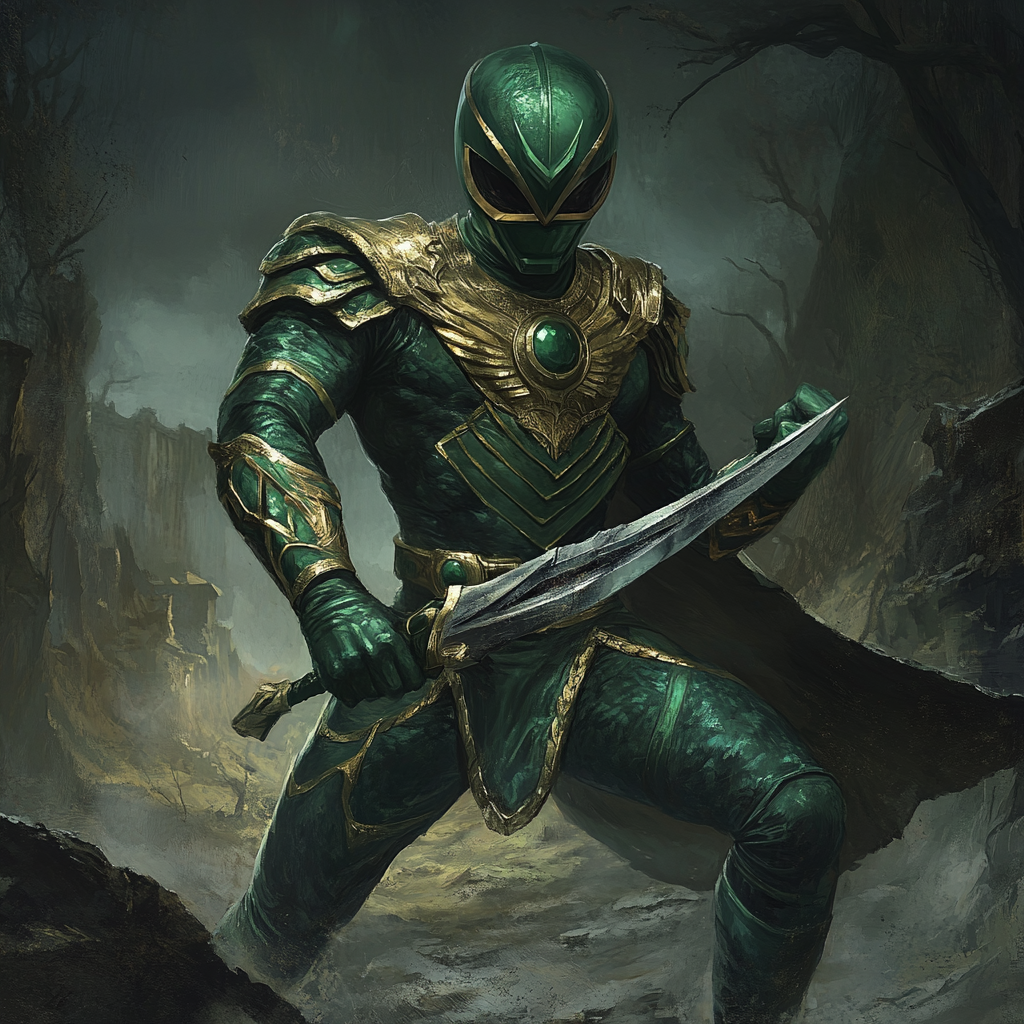 Green Power Ranger in medieval fantasy world landscape.