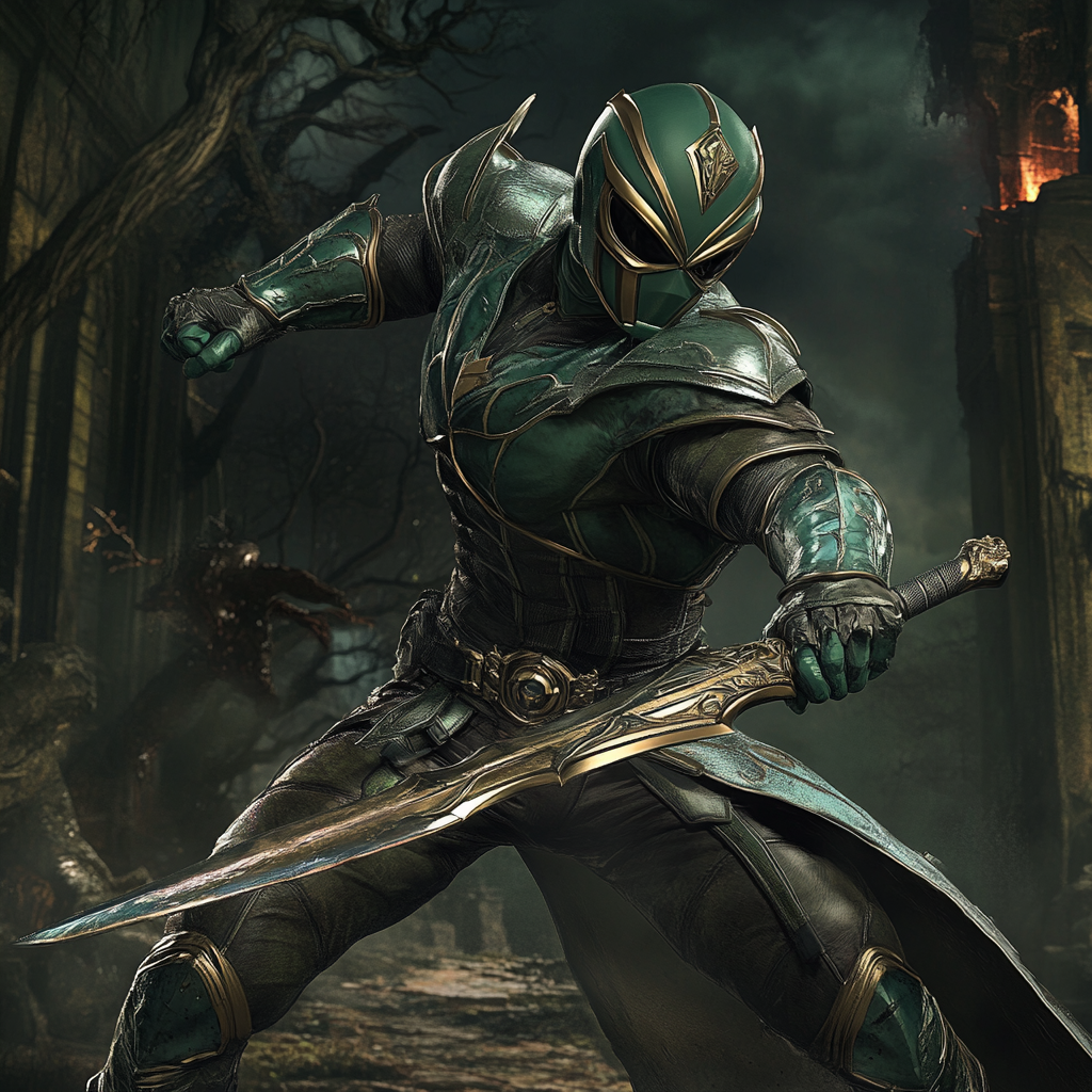 Green Power Ranger in medieval fantasy world with details