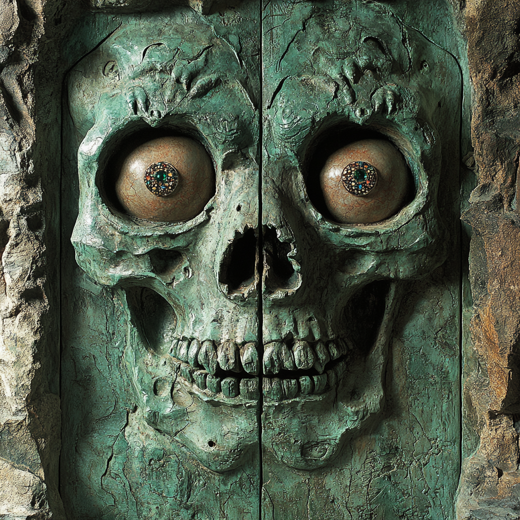 Green Stone Double Door with Grinning Skull Carving