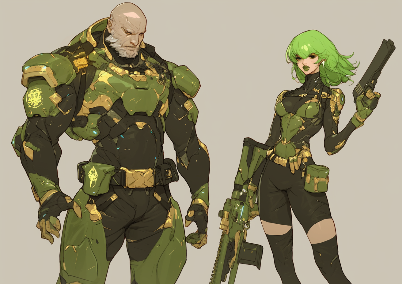 Green and gold supervillain henchmen with future rifles.