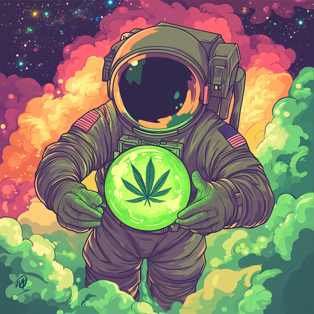 Green astronaut in spacesuit with glowing sphere smiling.