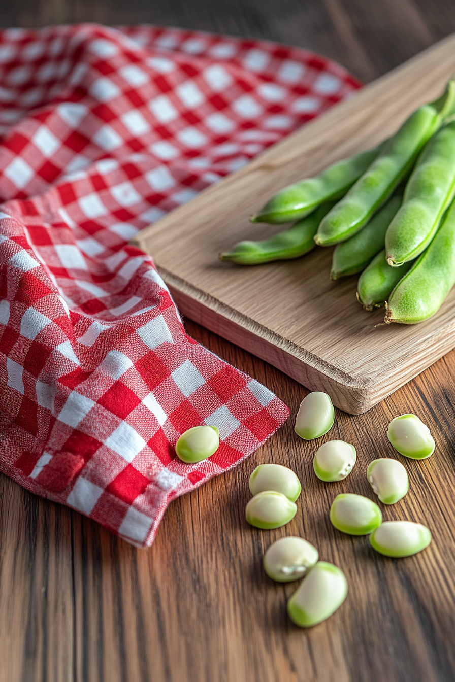 Green beans on table with red cloth.