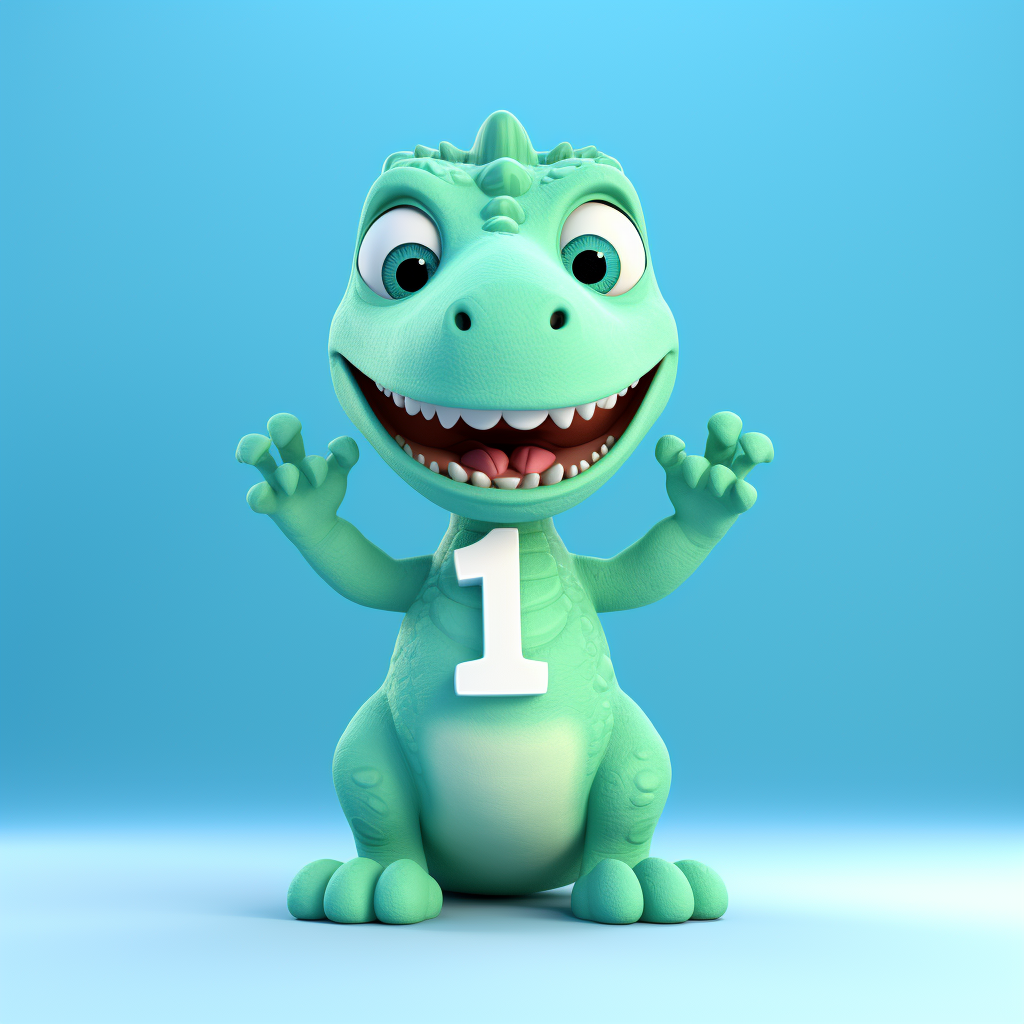 Green child dinosaur holding big number one, smiling.