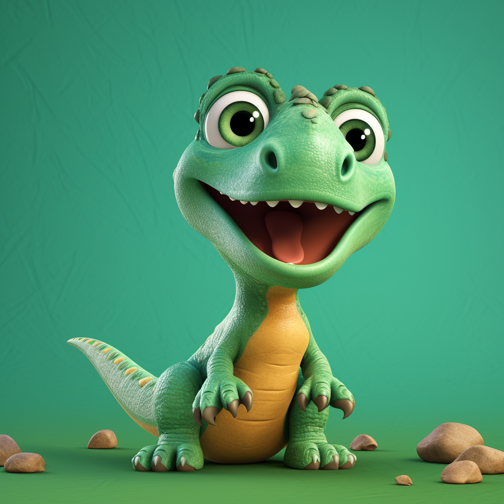 Green child dinosaur with big eyes smiling happily.