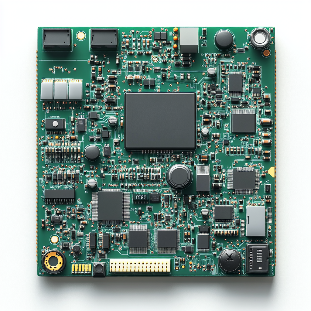 Green circuit board with chips, capacitors, connectors, white background