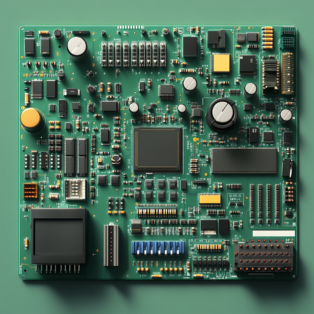 Green circuit board with chips, capacitors, connectors viewed above.