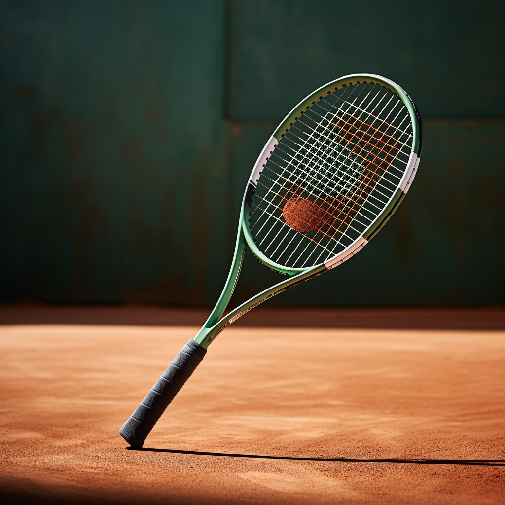 "Modern tennis and squash rackets on a green clay court"