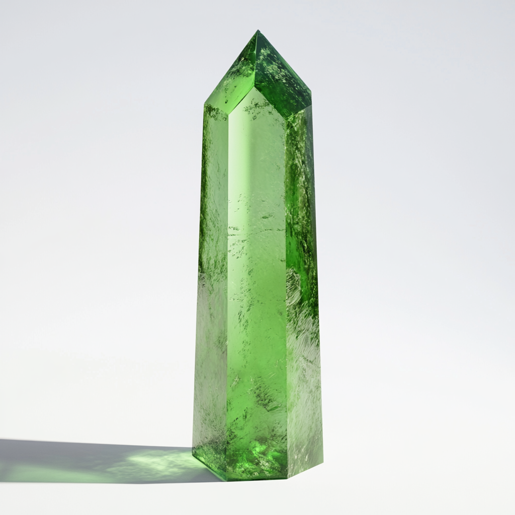 Green crystal in empty space with studio lighting glare.