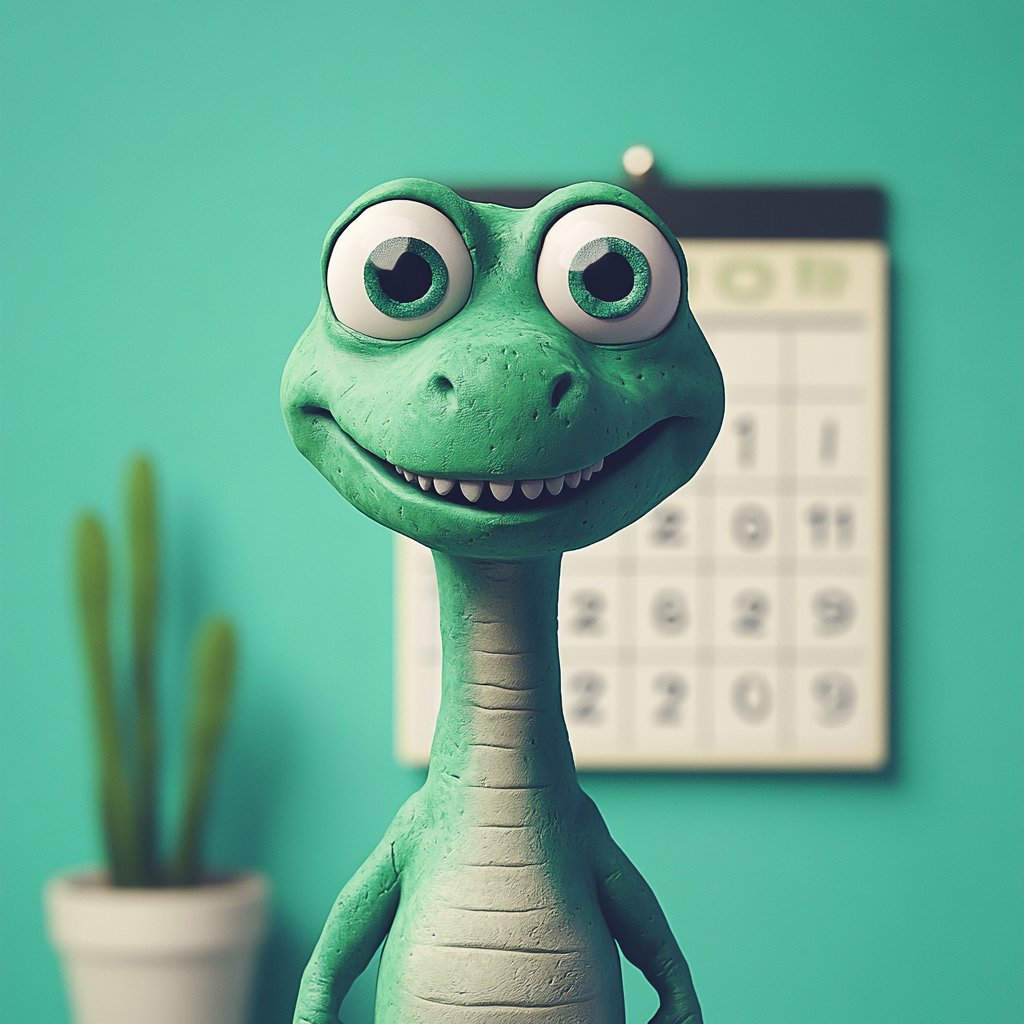 Green dinosaur with big eyes smiling at January calendar.