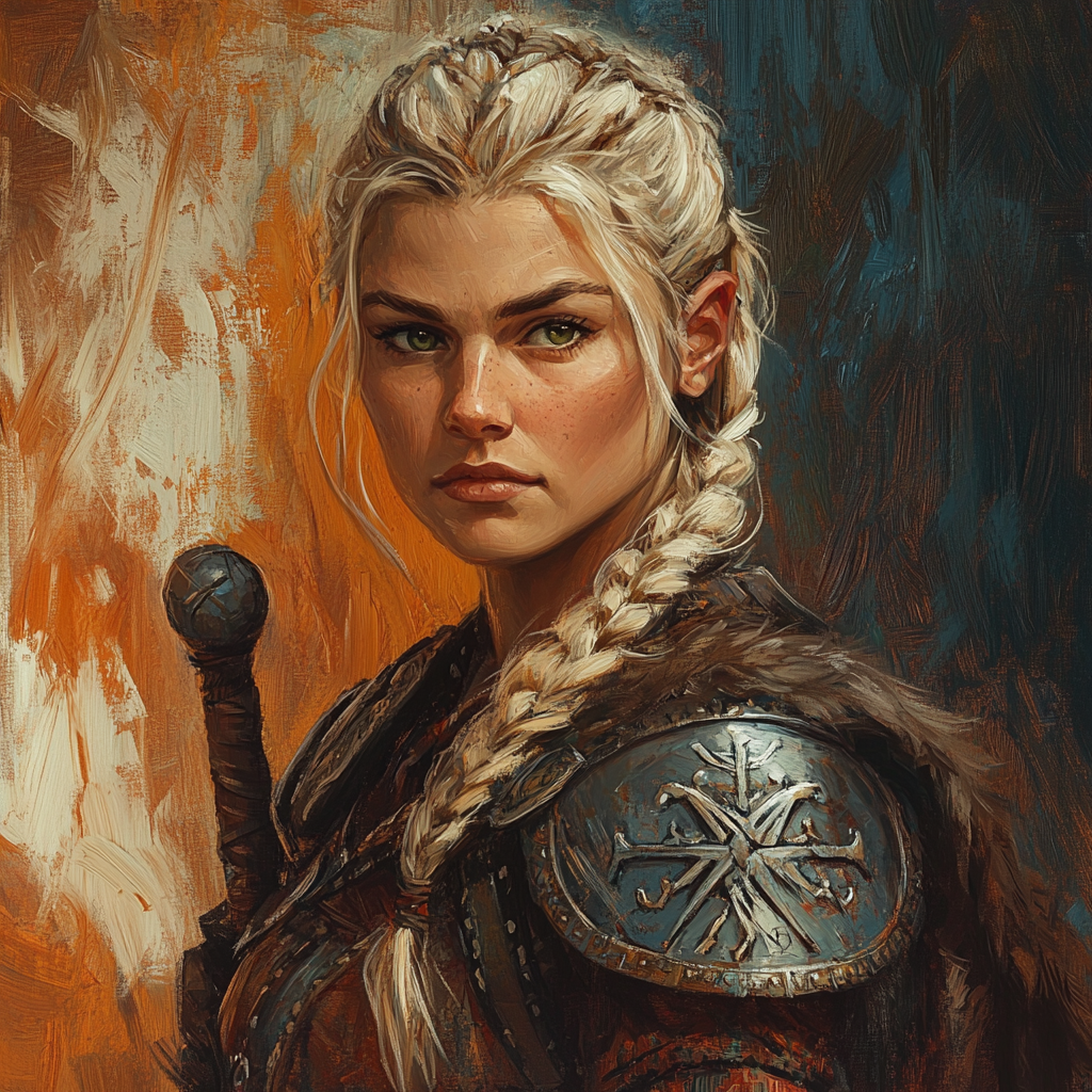 Green-eyed shield maiden wields warhammer, blonde braids.