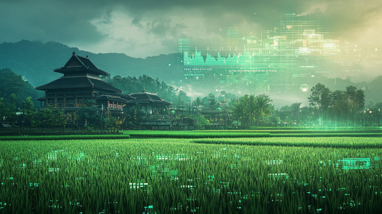 Green fields, Thai building, holographic trading graphs - 16:9