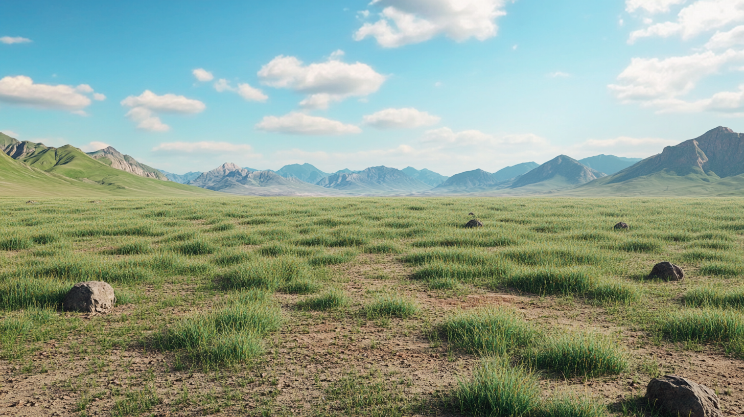 Green grass, brown dirt, muted western wilderness scenery.