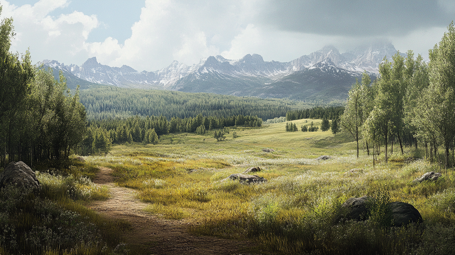 Green grass, brown dirt, overgrown trees, rocky mountains--16:9.