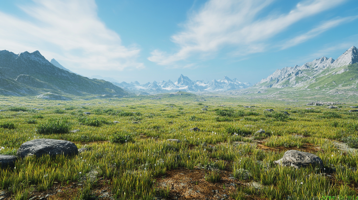 Green grass and brown dirt patches in wilderness.