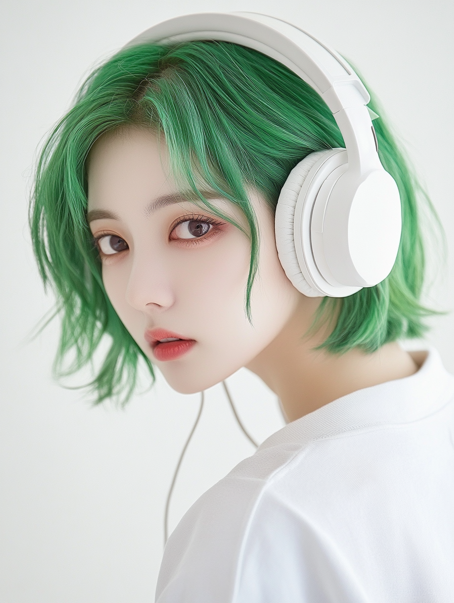 Green-haired girl in white with K-pop style makeup.