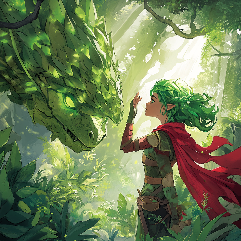 Green-haired superhero faces leafy dragon in forest