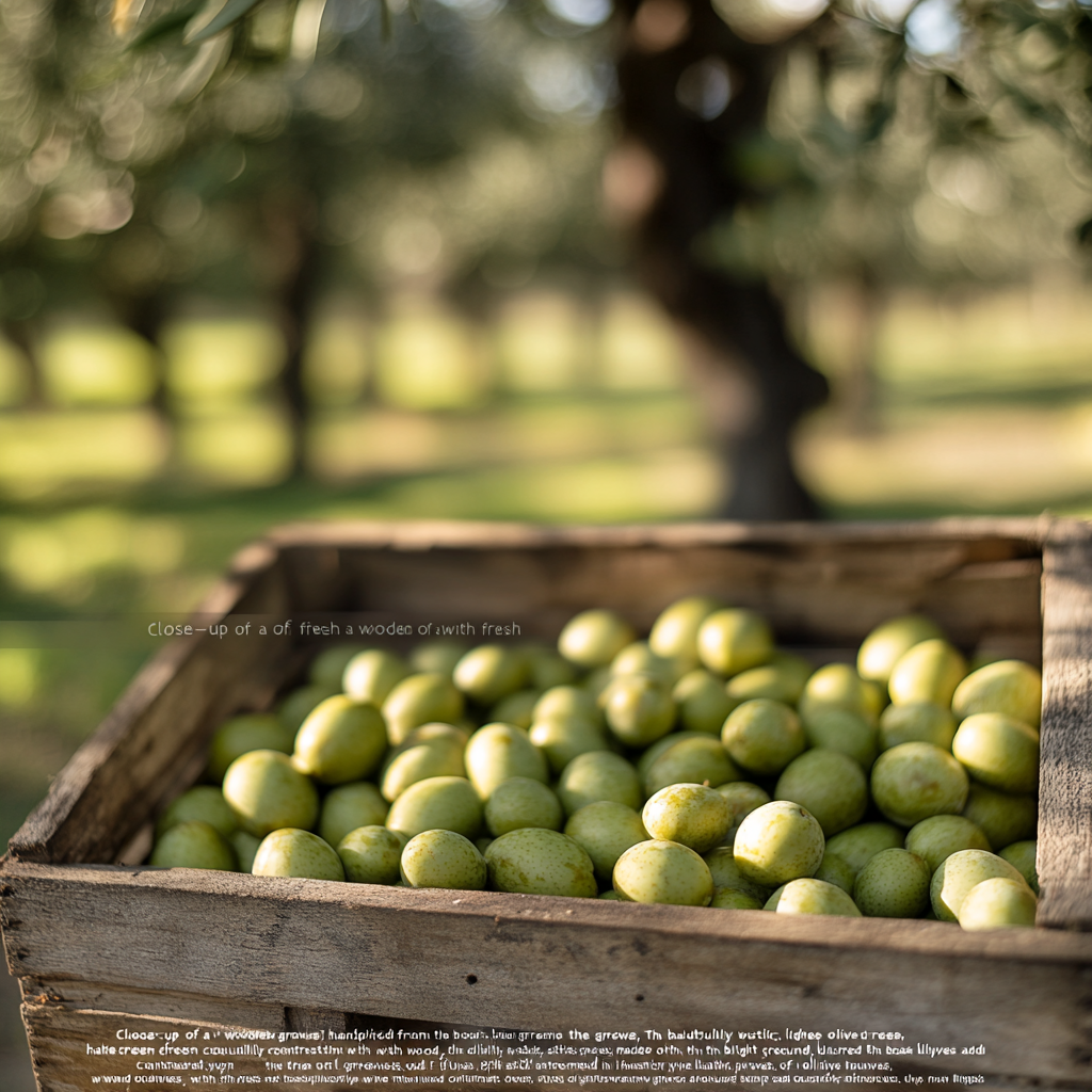 Green olives in rustic wooden box under olive trees