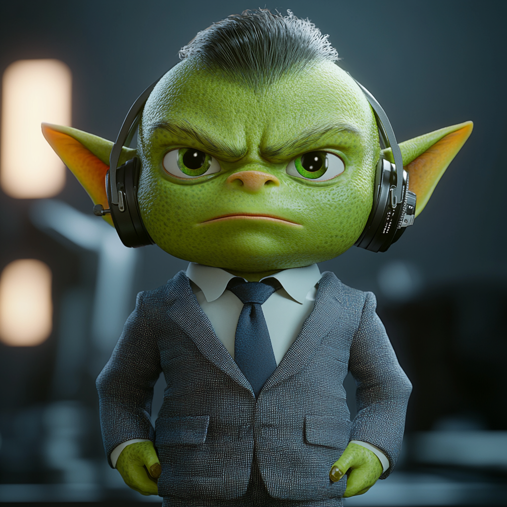 Green orc child call center worker in 3D Pixar style 