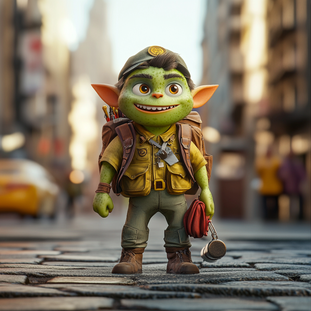 Green orc child in Boy Scout outfit, Pixar 3D render 