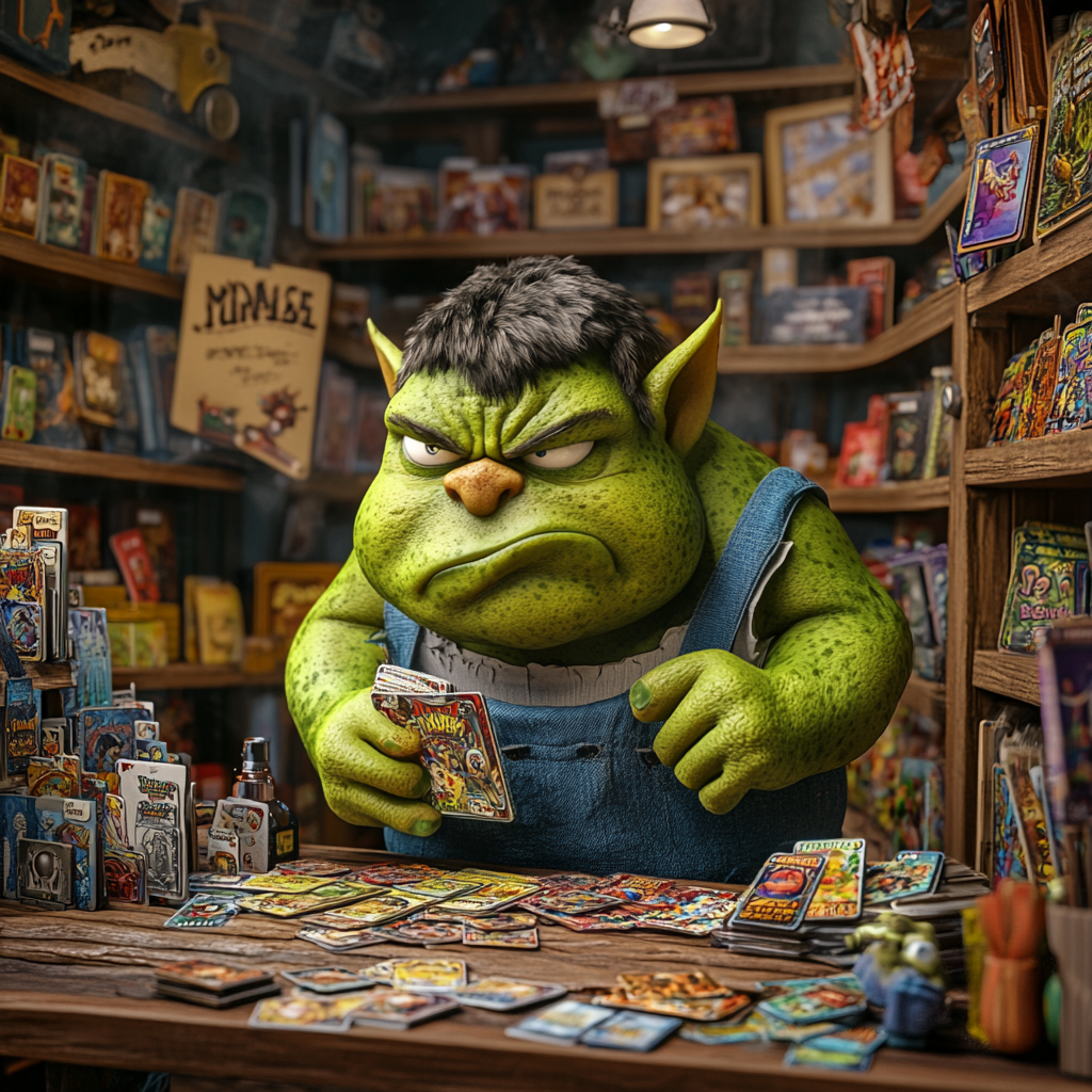 Green orc child manager in Pixar themed card store