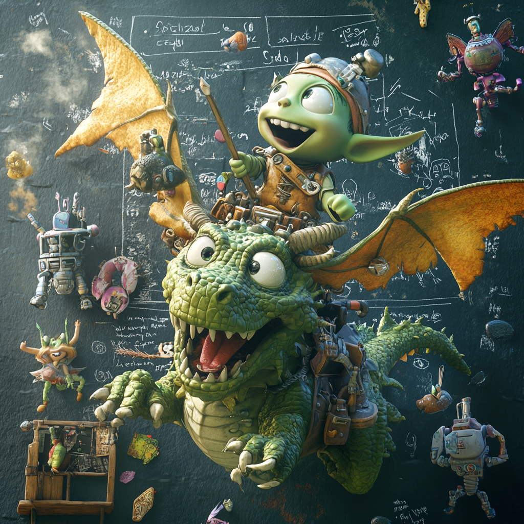 Green orc child on dragon with fairies and robots, chalkboard writing, Pixar theme, 3D render 