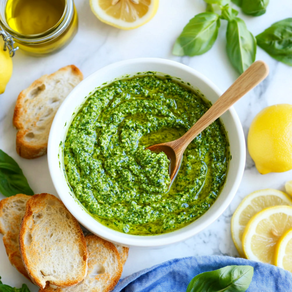 Green pesto bowl with bread slices and herbs