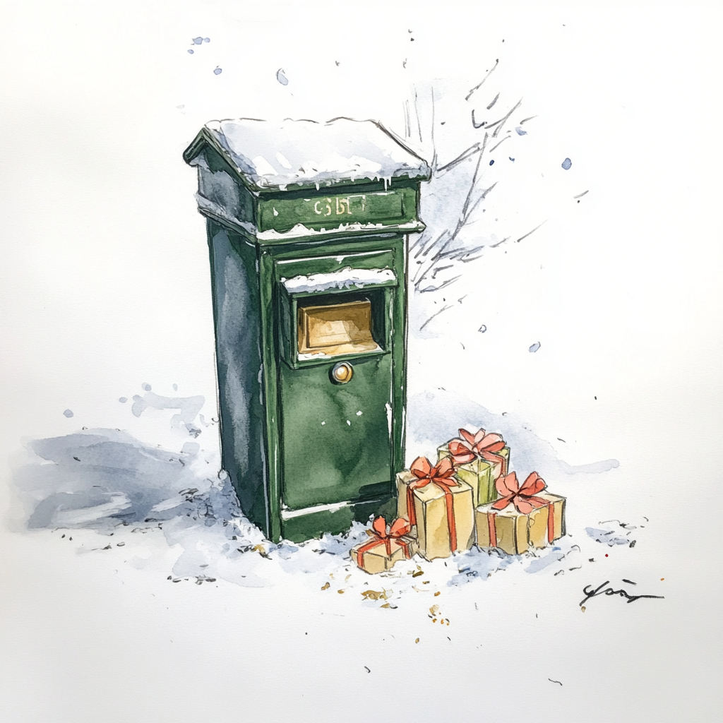 Green post box with presents on ground, snowy background.