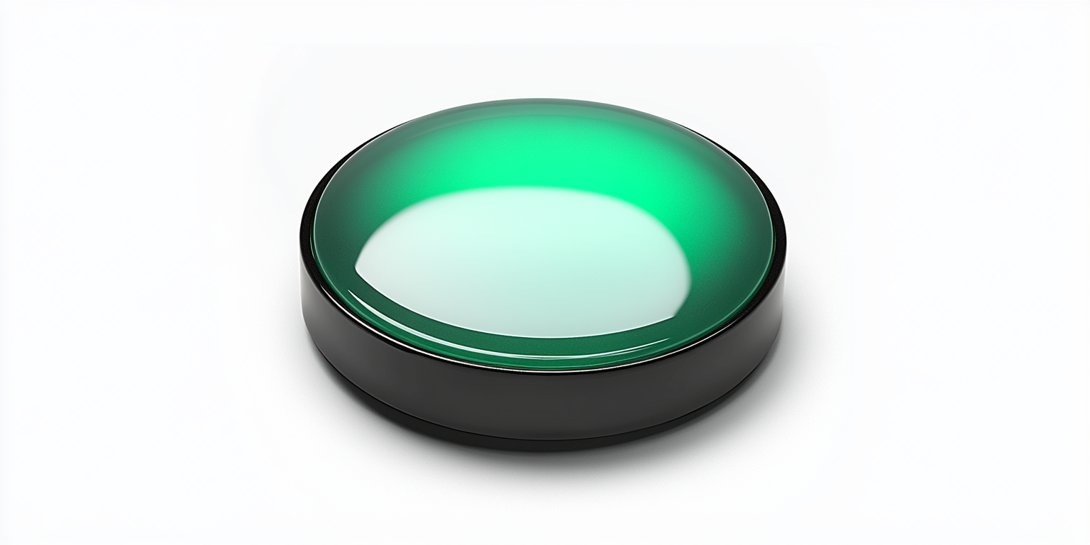 Green round button on black base, glowing, rotated left.