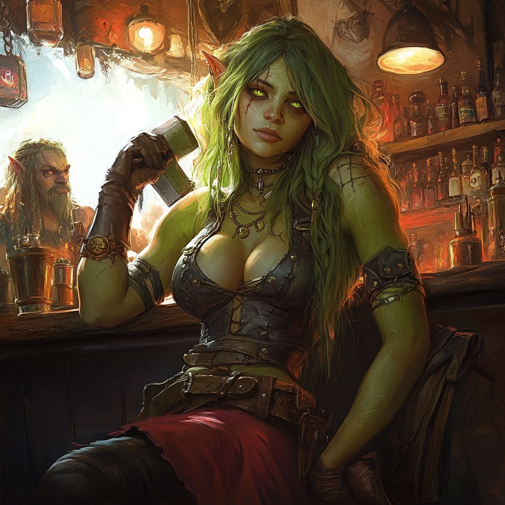 Green-skinned female half-orc pirate in Hell tavern, sad.unsqueeze beauty.