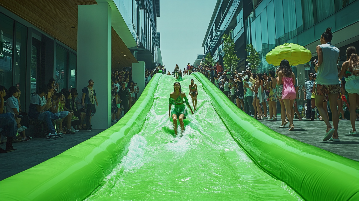 Green slip and slide runway with inflatable models sliding.