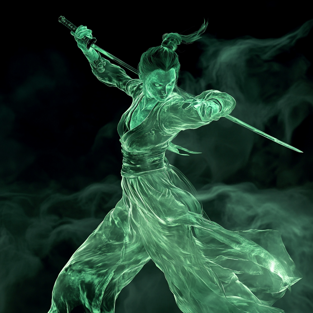 Green translucent undead female warrior swinging sword in the wind.