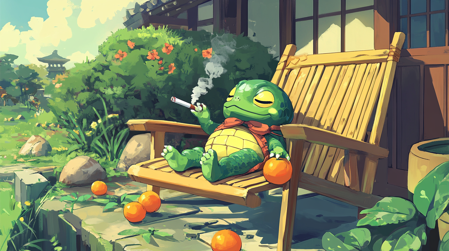 Green turtle with cigarette on chair near oranges and water.