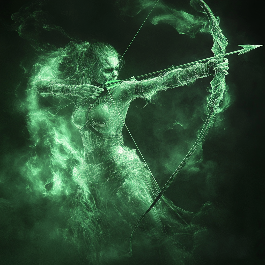 Green undead female warrior shooting bow, transparent and dynamic.