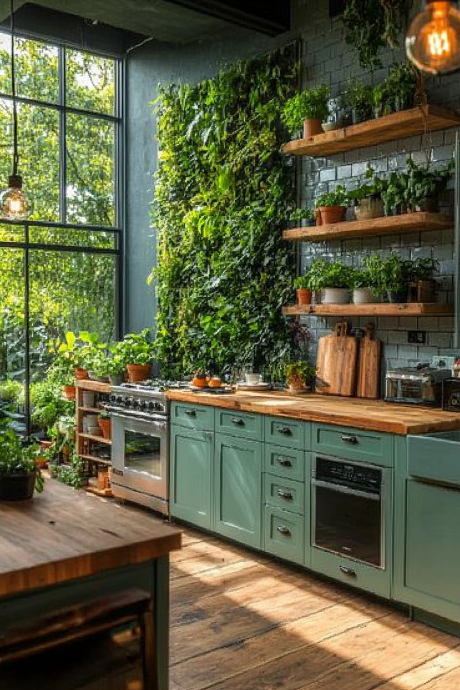 Greenery-Infused Kitchen Design with Earthy Tones