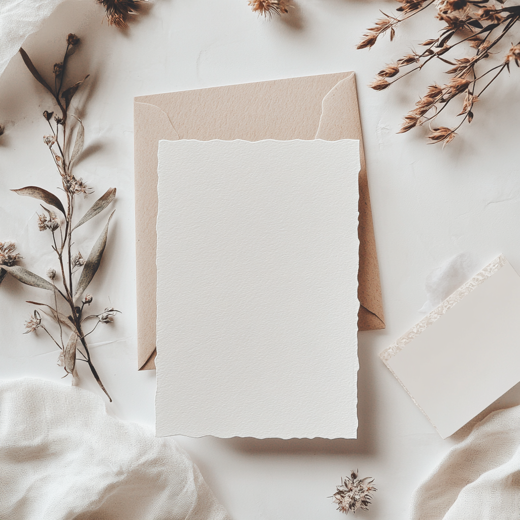 Greeting card surrounded by flowers and greenery.