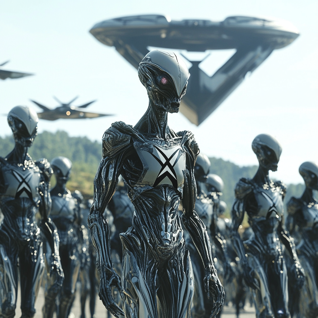 Grey Aliens in Biomechanical Suits with X Logos and Hi-Tech Weapons, UFOs and Letter X by Joe Jusko Style