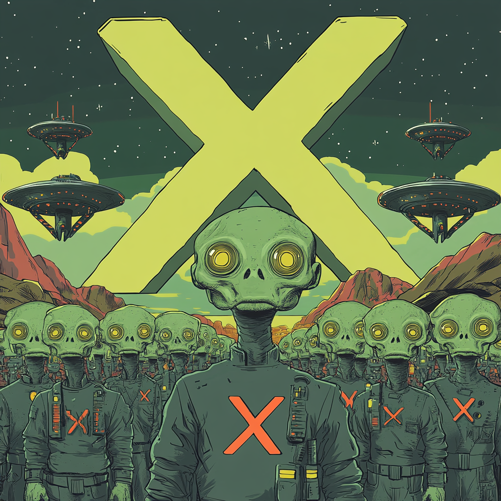 Grey Aliens in X Symbols with UFOs, Matt Furie Style 