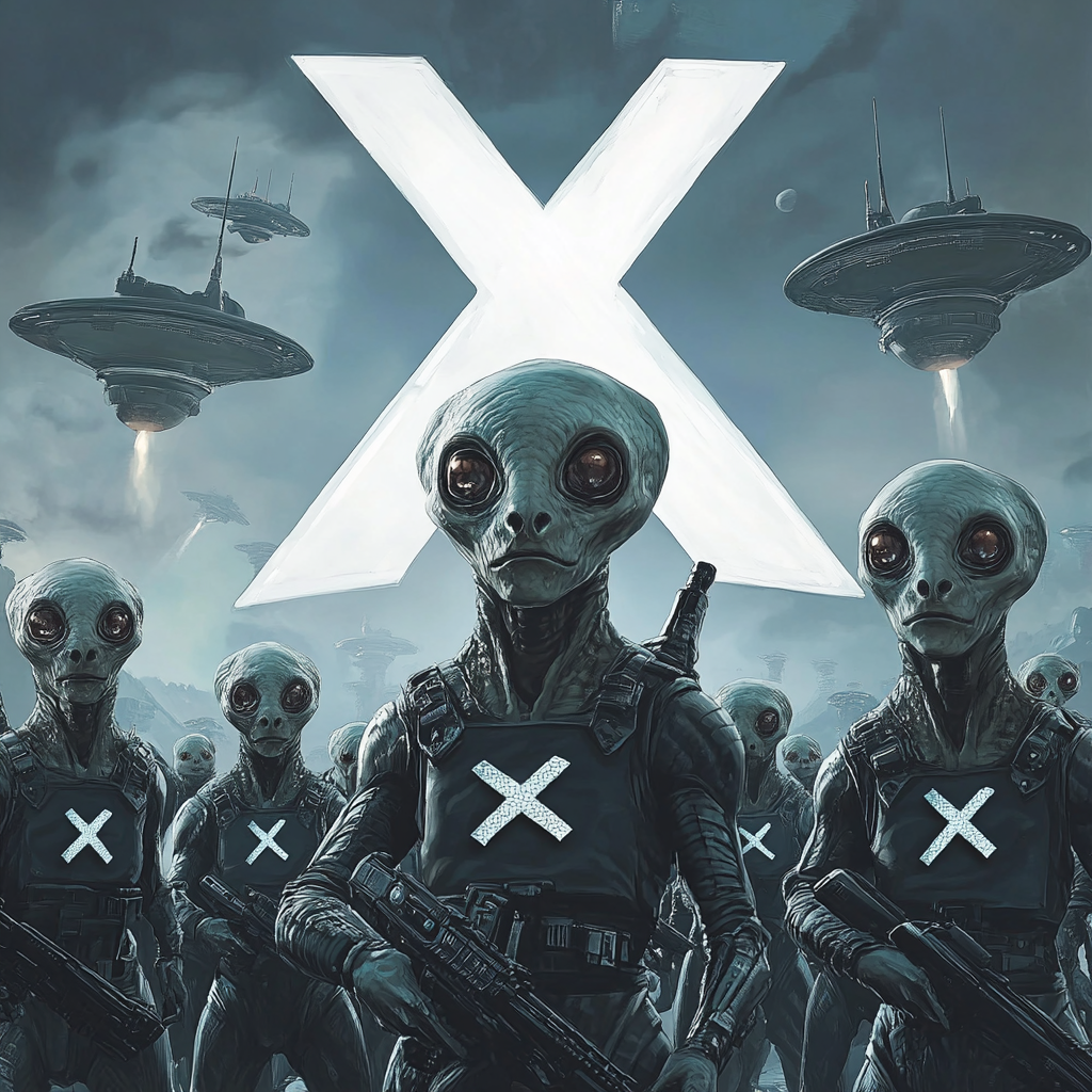 Grey Aliens with X Symbols and UFOs