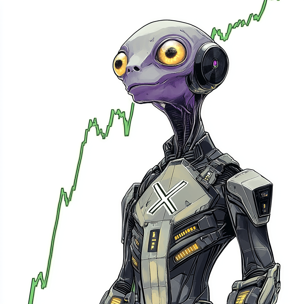 Grey alien amazed by green line on stock chart.