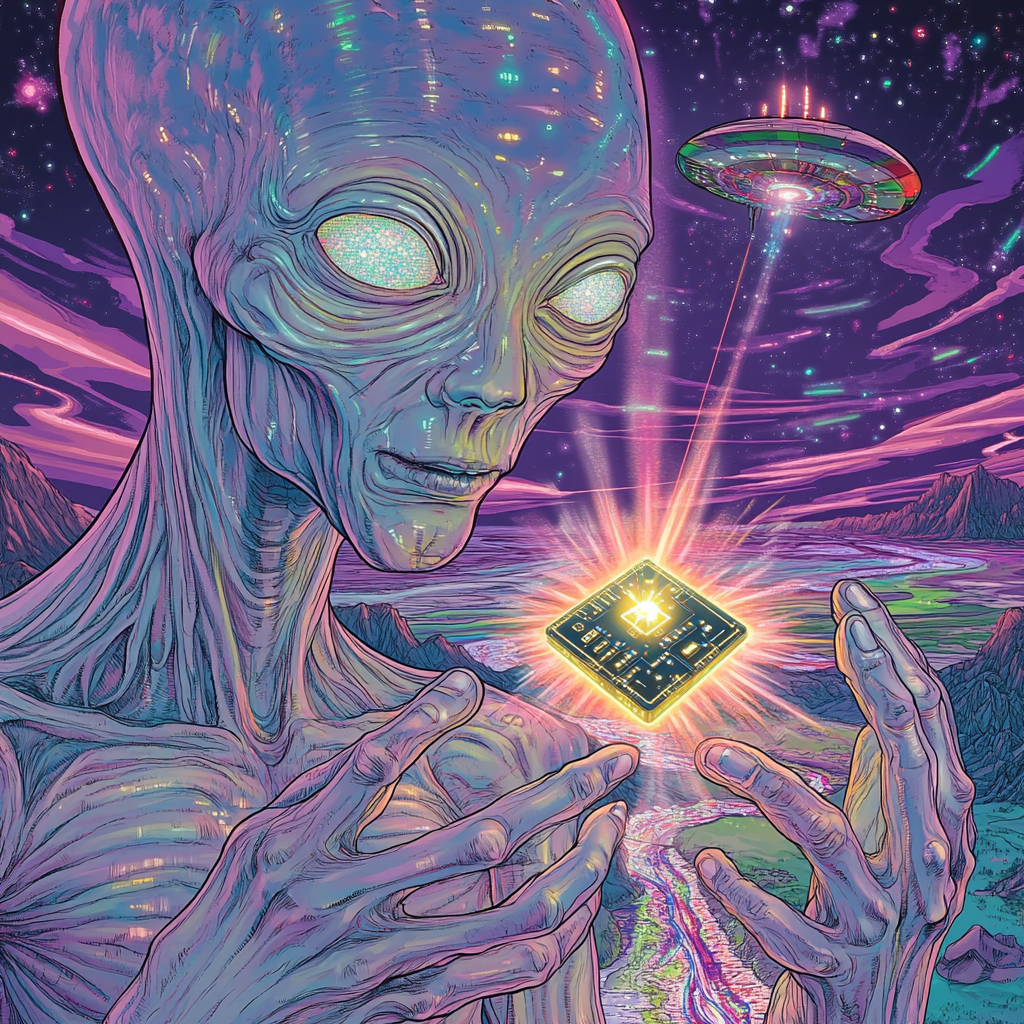 Grey alien holding bright levitating microchip, UFO background