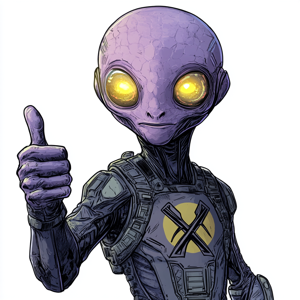 Grey alien in armor, X symbol, thumbs up, UFO.