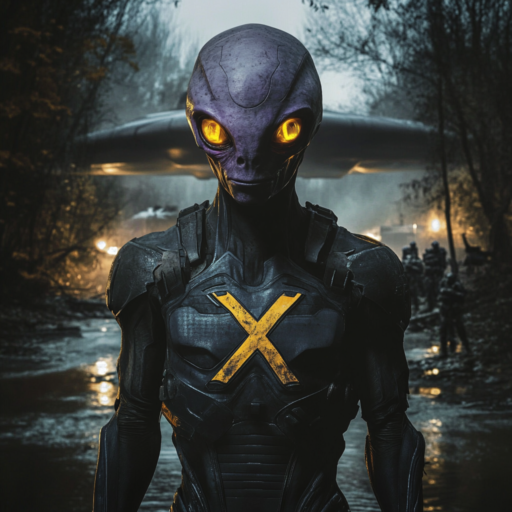 Grey alien in armor with X; army, UFO.